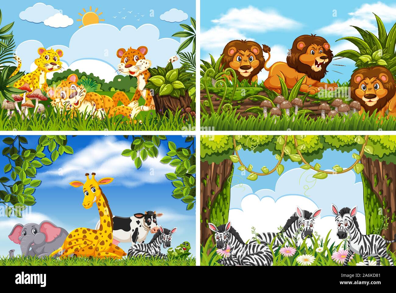 Set of various animals in nature scenes illustration Stock Vector