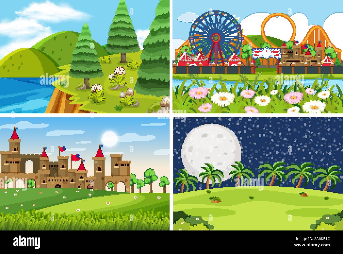 A set of outdoor scene including funfair illustration Stock Vector ...
