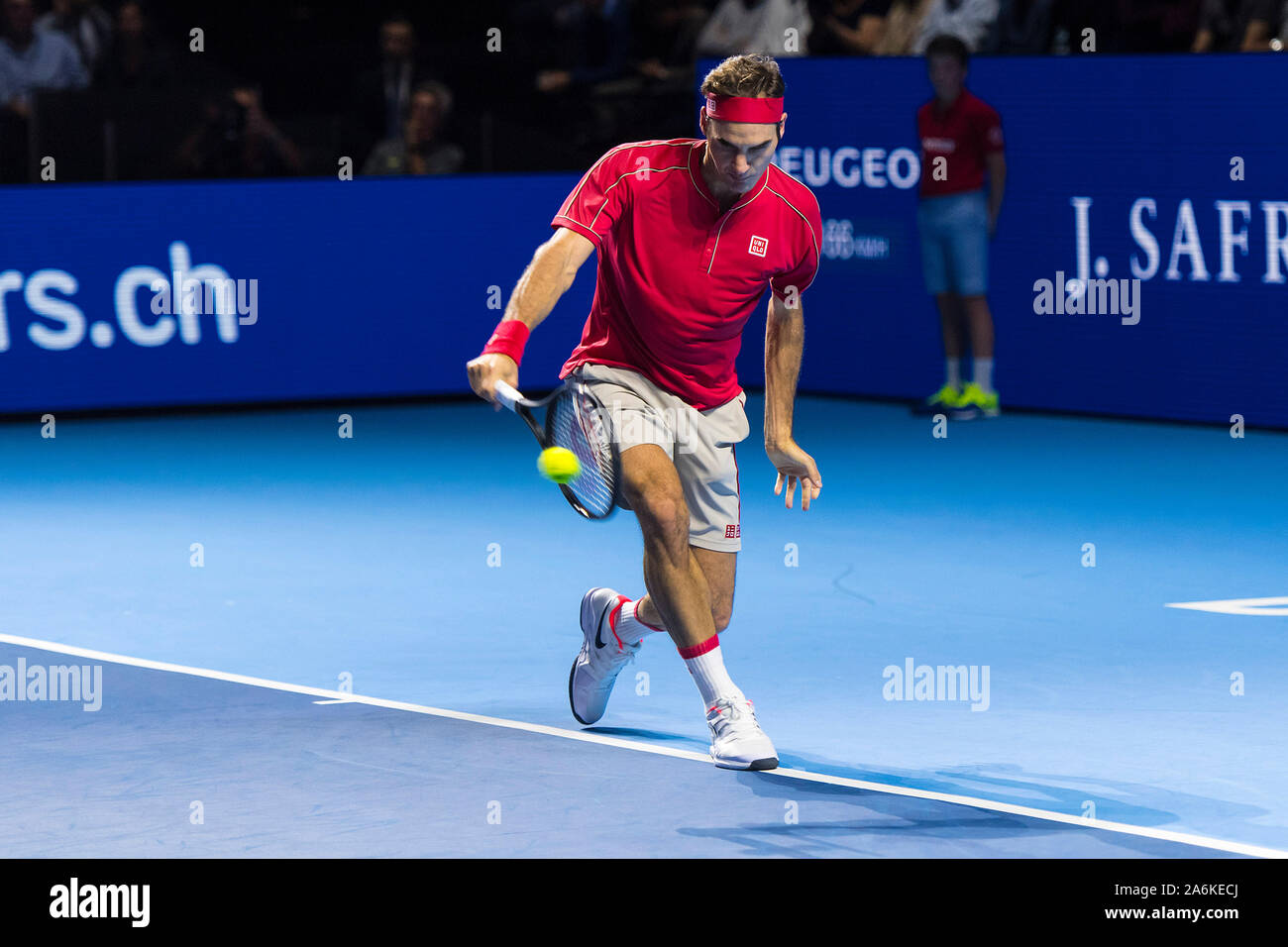 St. Jakobshalle, Basel, Switzerland. 27th Oct, 2019. ATP World Tour Tennis,  Swiss Indoors Final; Roger Federer (SUI) hits a forehand in the match  against Alex de Minaur (AUS) - Editorial Use Credit:
