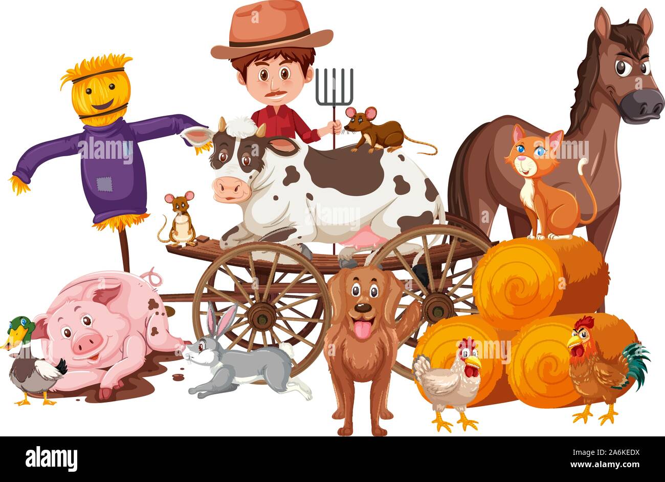Farmer and farm animals on white background illustration Stock Vector ...