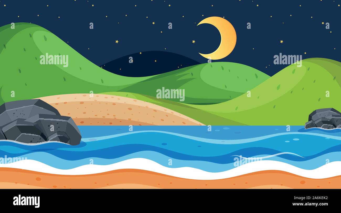 Landscape background design with ocean at night illustration Stock ...