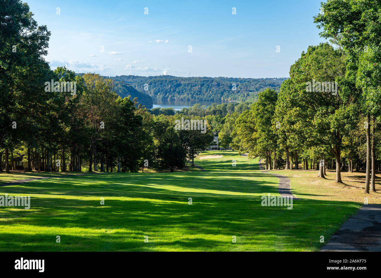 Panorama of the autumn fall colors from golf fairway surrounding Cheat Lake, Morgantown, West Virginia Stock Photo