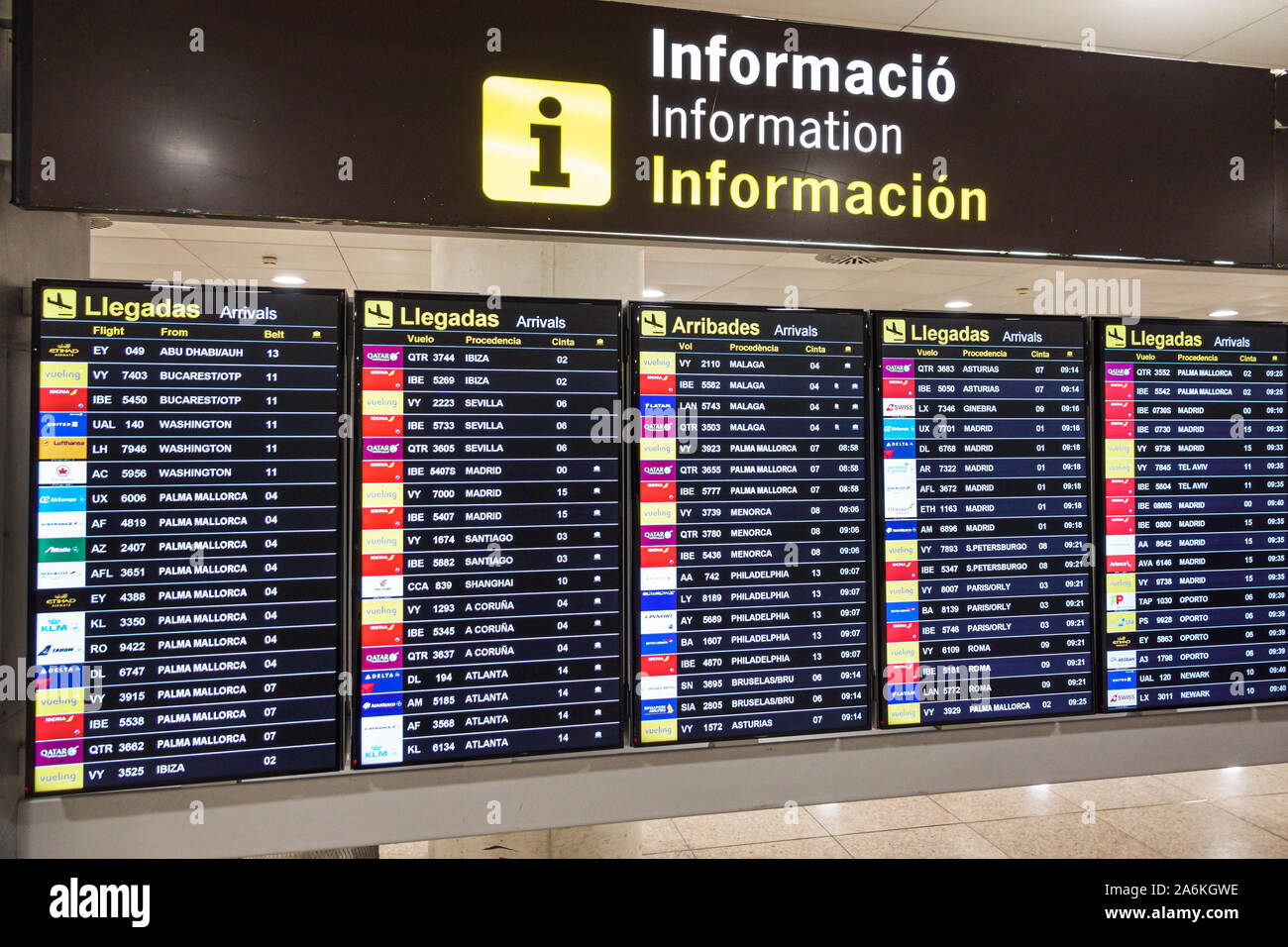 Barcelona Spain,Catalonia Barcelona-El Prat Josep Tarradellas Airport BCN,terminal,arrivals board,flight information,multiple languages,sign,English C Stock Photo