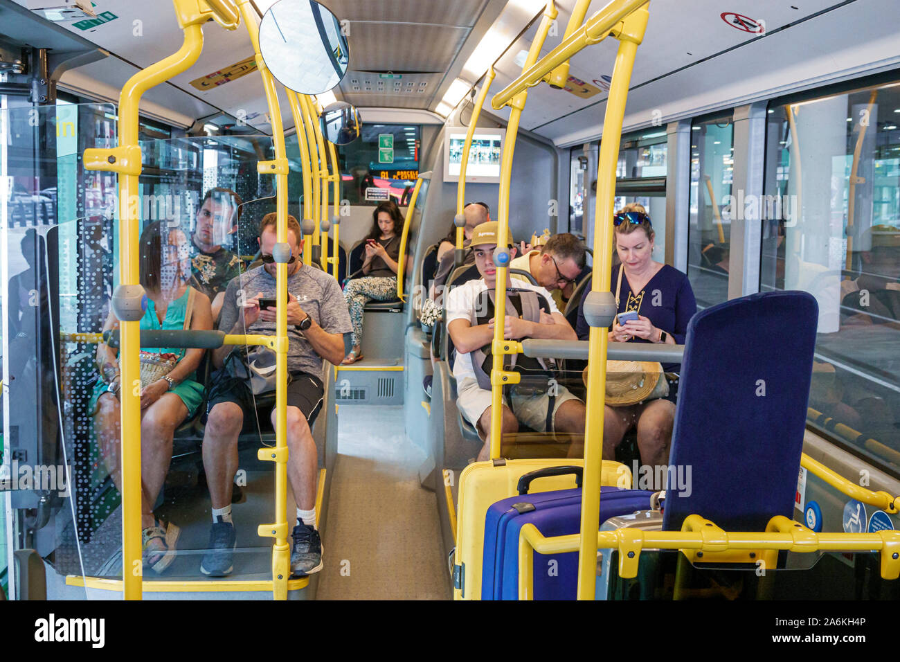 Barcelona Spain,Catalonia Barcelona-El Prat Josep Tarradellas Airport BCN,free shuttle bus ground transportation between terminals,passengers,Hispanic Stock Photo