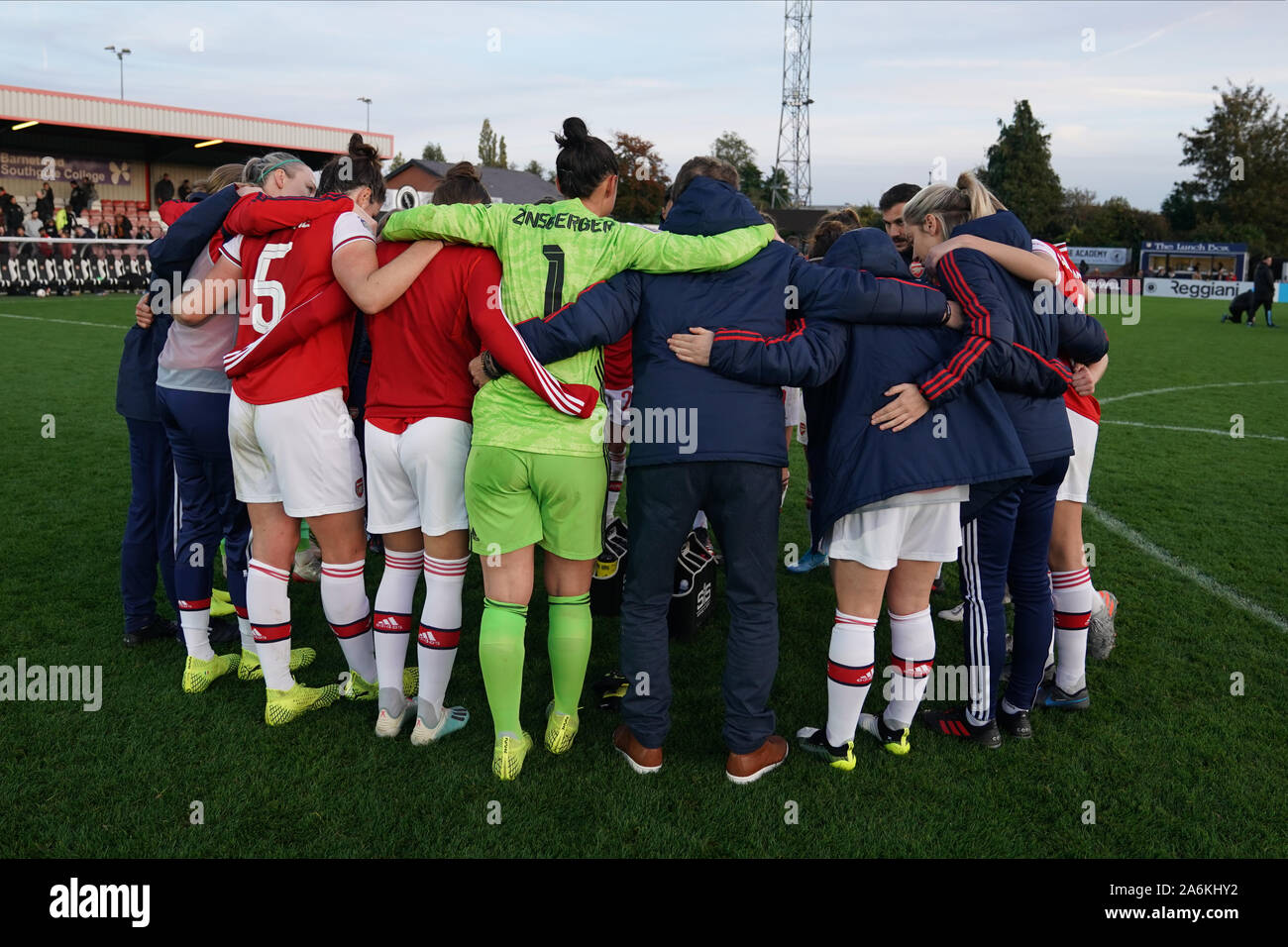 Borehamwood, UK. 27th Oct, 2019. Arsenal players and staff celebrate their victory during the Barclay's FA WSL football match between Arsenal vs Manchester City at Meadow Park on October 27, 2019 in Borehamwood, England (Photo by Daniela Porcelli/SPP) Credit: SPP Sport Press Photo. /Alamy Live News Stock Photo