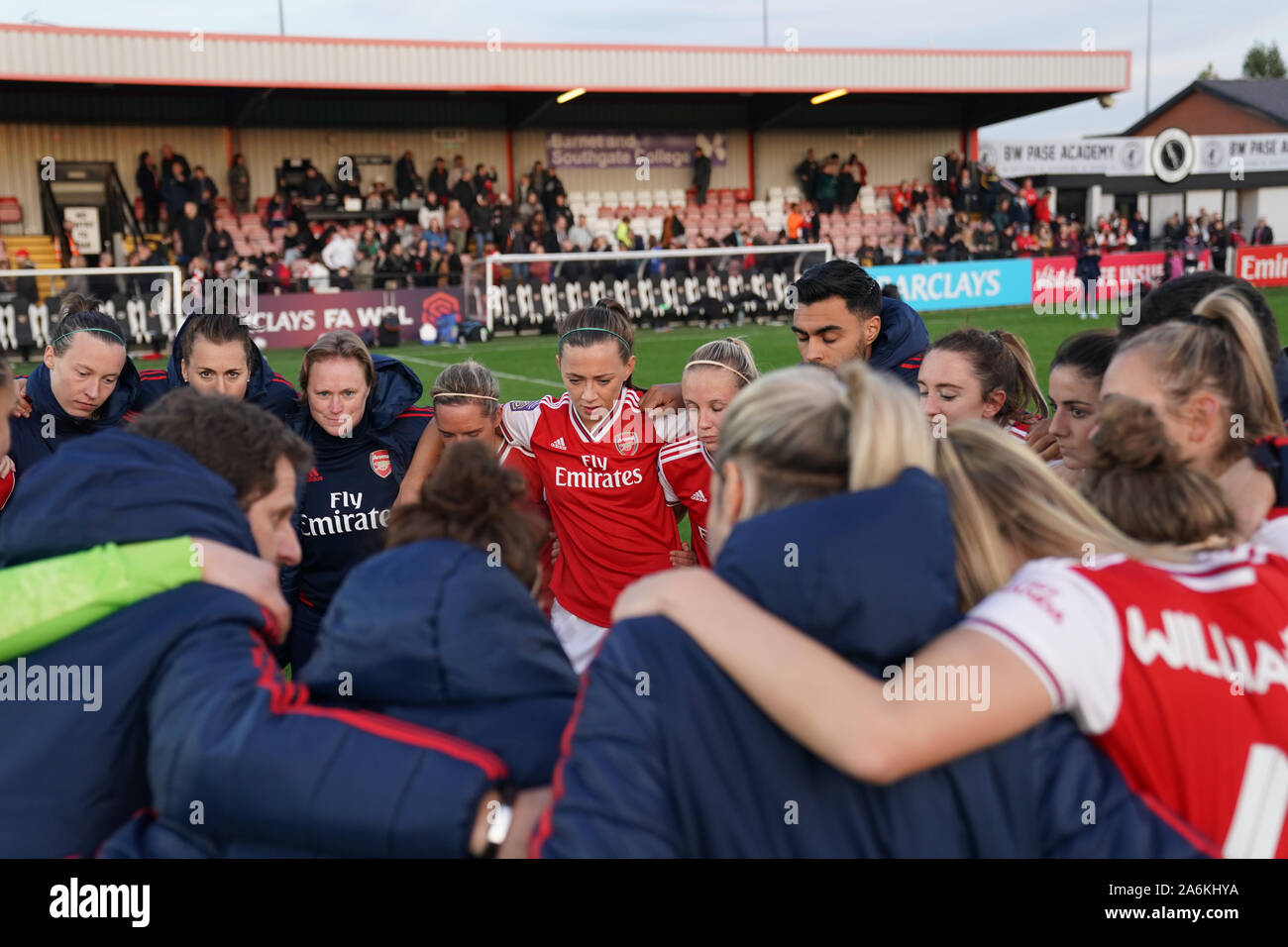 Borehamwood, UK. 27th Oct, 2019. Arsenal players and staff celebrate their victory during the Barclay's FA WSL football match between Arsenal vs Manchester City at Meadow Park on October 27, 2019 in Borehamwood, England (Photo by Daniela Porcelli/SPP) Credit: SPP Sport Press Photo. /Alamy Live News Stock Photo