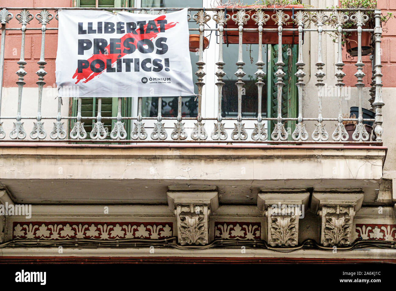 Barcelona Spain,Catalonia Gracia,neighborhood,balcony,Catalan independence movement,political protest banner,free political prisoners,llibertat Presos Stock Photo