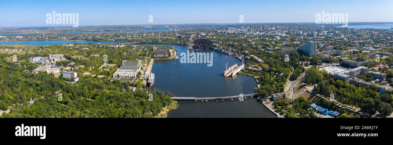 Aerial panorama view of Dock for Repair of Ships and Boats in Nikolaev. The Nikolaev city panorama. Stock Photo