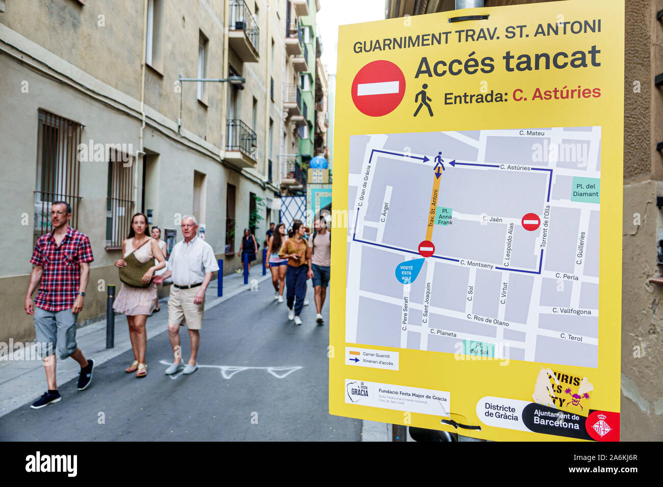 Barcelona Spain,Catalonia Gracia,neighborhood,Festa Major de Gracia,street festival fair,information sign,street closures map,Catalan,ES190820167 Stock Photo