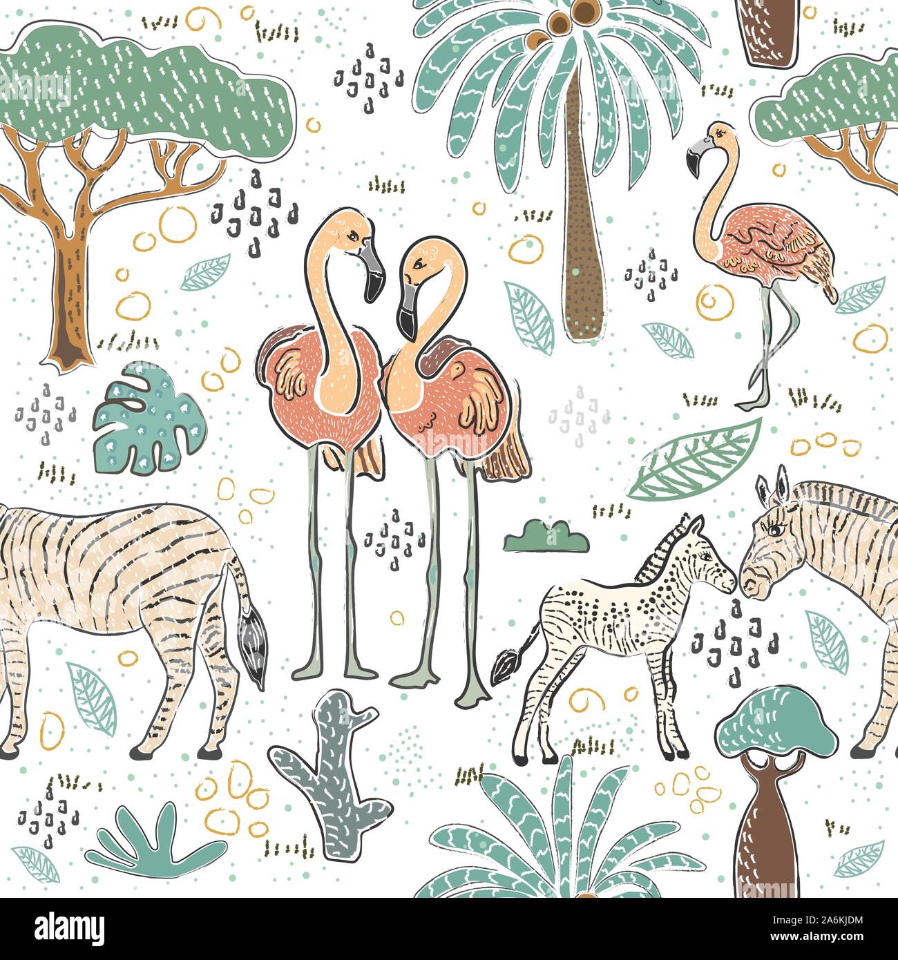 Seamless Pattern with Cute Hand Drawn Flamingo. Scandinavian Style ...