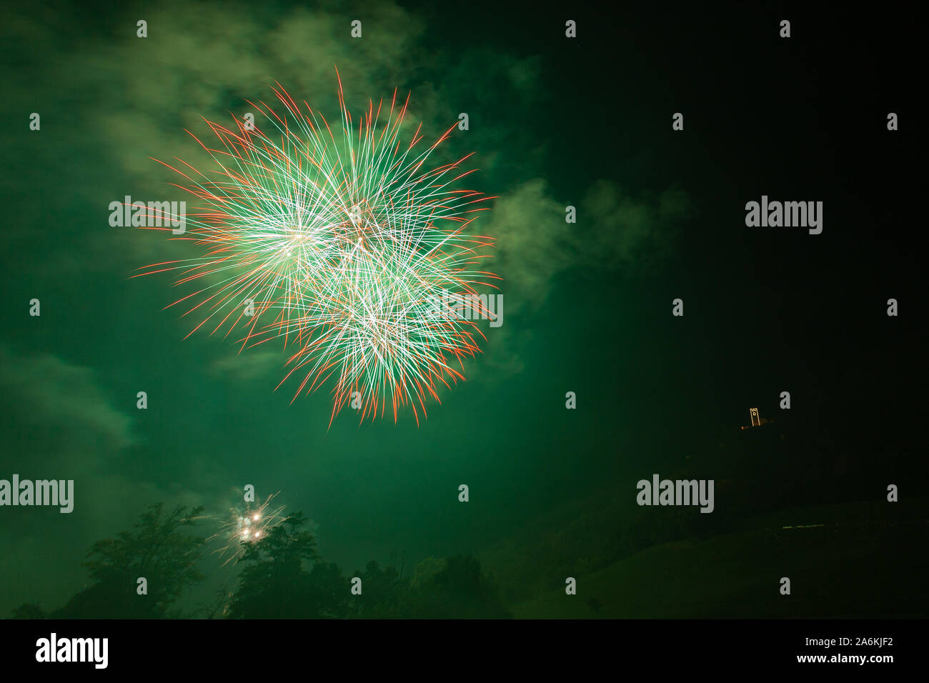 Bright green, white and red fireworks over trees silhouette Stock Photo
