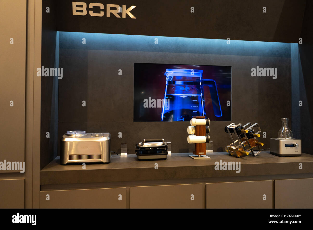 Chelyabinsk Region, Russia - August 2019. Official boutique of home appliances of the German manufacturer - BORK Electronic GmbH. Branded store Stock Photo