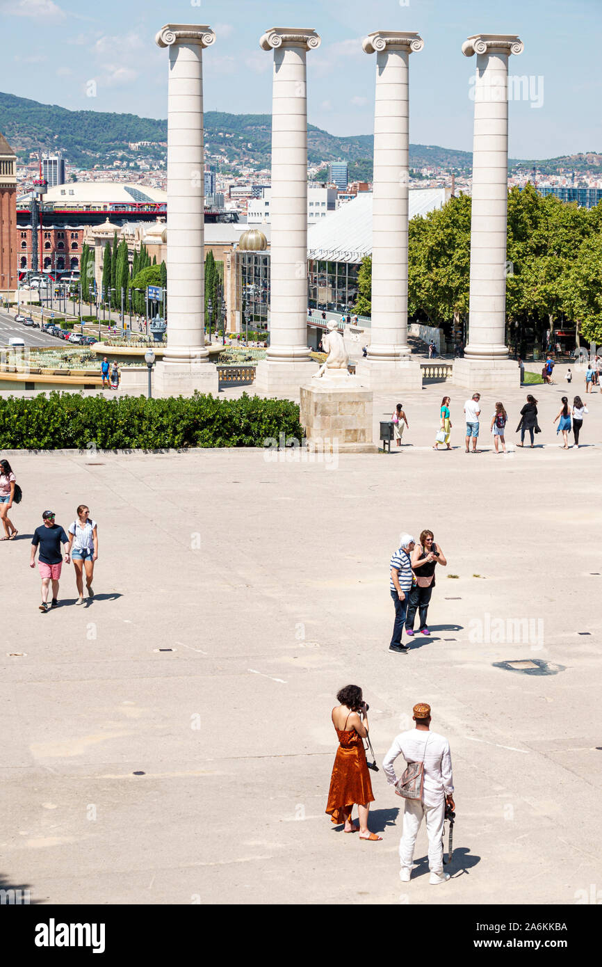 Barcelona Spain,Catalonia Montjuic,Les Quatre Columnes,Four Columns,monument,Catalan independence symbol,replicas,by Josep Puig i Cadafalch,city skyli Stock Photo