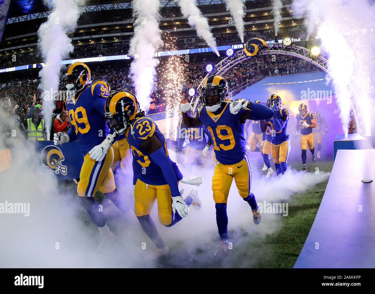 Wembley Stadium, London, UK. 27th Oct, 2019. National Football League, Los Angeles Rams versus Cincinnati Bengals; Los Angeles Rams players running onto the field from the tunnel before kick off - Editorial Use Credit: Action Plus Sports/Alamy Live News Stock Photo