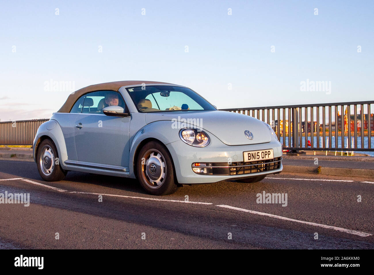 2015 blue Vw Volkswagen Beetle Design TDI Bmotion on the seafront promenade, Southport, Merseyside, UK Stock Photo