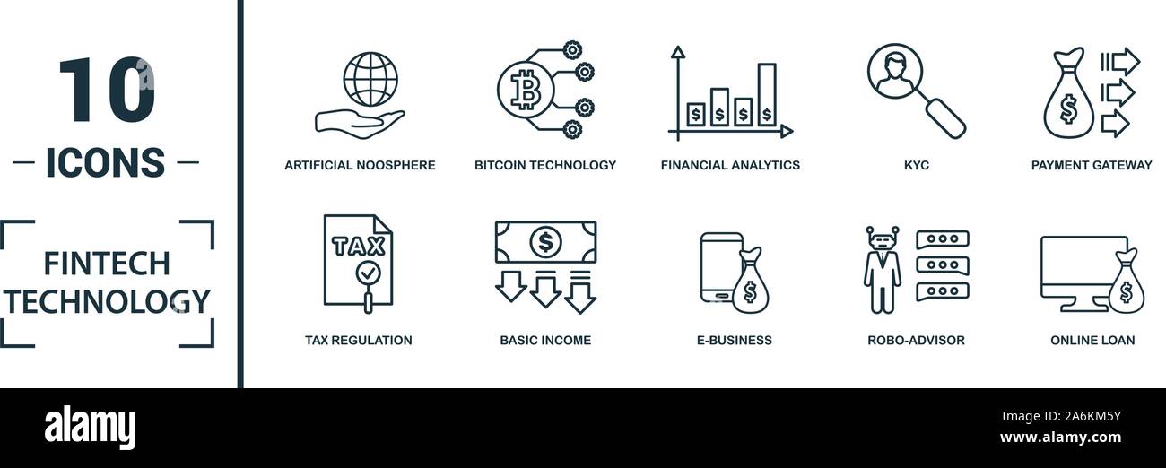 Fintech Technology icon set. Include creative elements basic income, bitcoin technology, online loan, kyc, business model icons. Can be used for Stock Vector