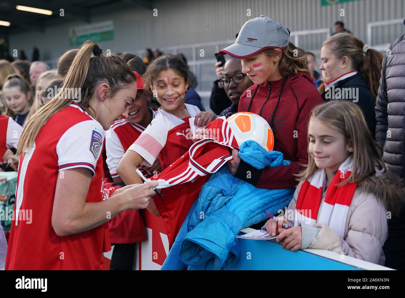 Borehamwood, UK. 27th Oct, 2019. Lisa Evans of Arsenal signing for their fans during the Barclay's FA WSL football match between Arsenal vs Manchester City at Meadow Park on October 27, 2019 in Borehamwood, England (Photo by Daniela Porcelli/SPP) Credit: SPP Sport Press Photo. /Alamy Live News Stock Photo