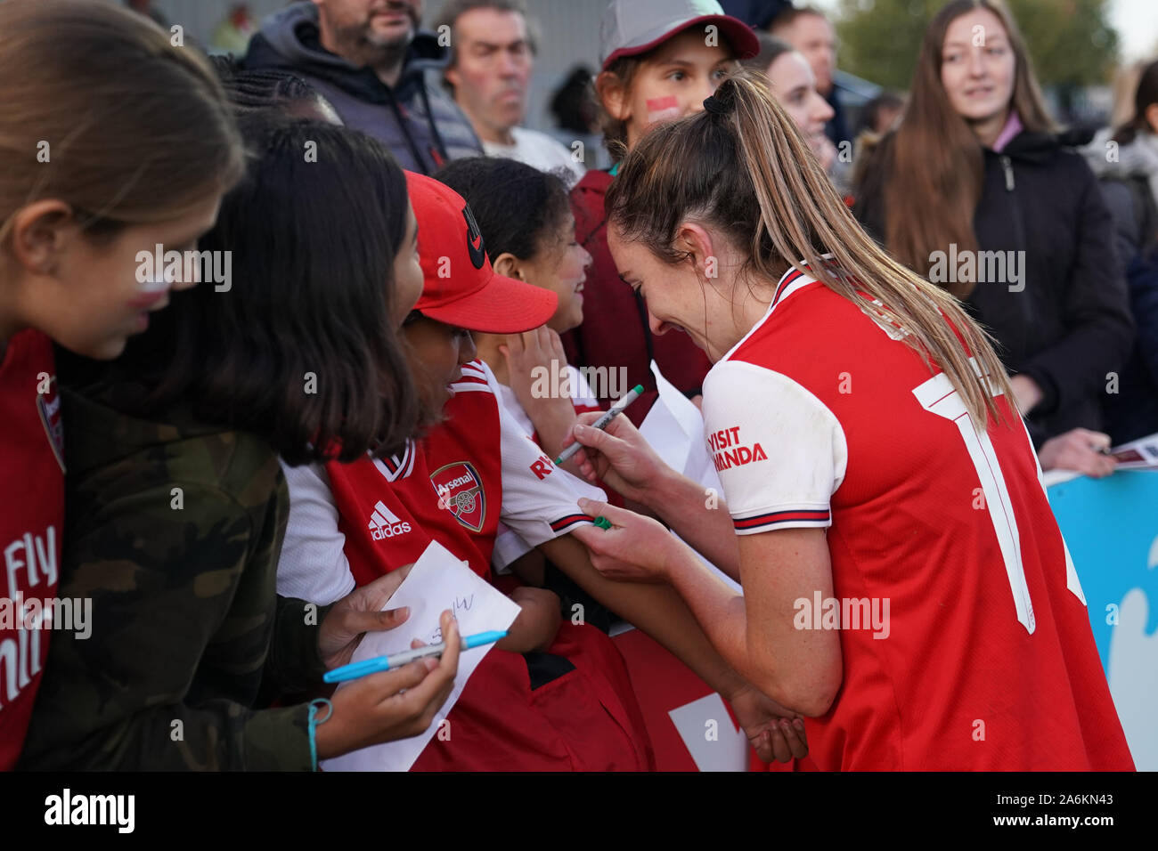 Borehamwood, UK. 27th Oct, 2019. Lisa Evans of Arsenal signing for their fans during the Barclay's FA WSL football match between Arsenal vs Manchester City at Meadow Park on October 27, 2019 in Borehamwood, England (Photo by Daniela Porcelli/SPP) Credit: SPP Sport Press Photo. /Alamy Live News Stock Photo