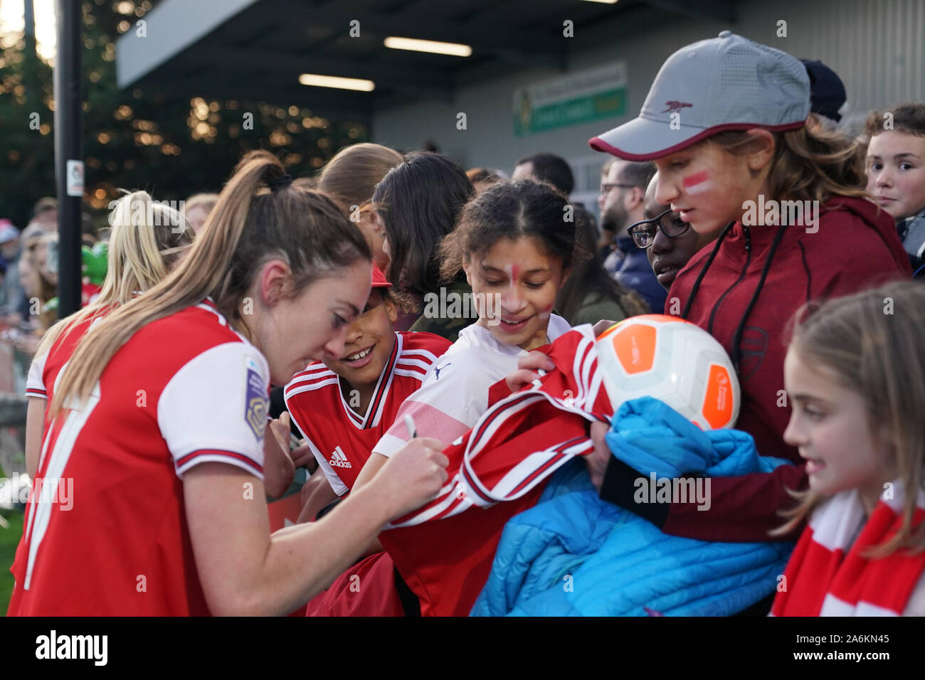 Borehamwood, UK. 27th Oct, 2019. Lisa Evans of Arsenal signing for their fans during the Barclay's FA WSL football match between Arsenal vs Manchester City at Meadow Park on October 27, 2019 in Borehamwood, England (Photo by Daniela Porcelli/SPP) Credit: SPP Sport Press Photo. /Alamy Live News Stock Photo