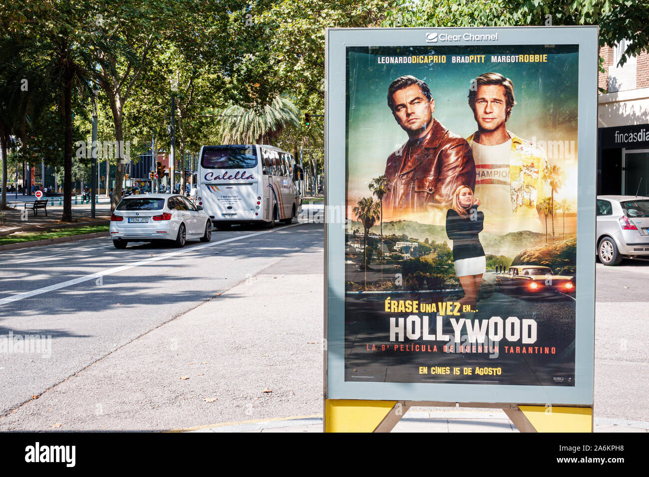Barcelona Spain,Catalonia Catalunya,El Poblenou,Avinguda Diagonal,avenue,bus stop shelter,advertising,upcoming movie release poster,Quentin Tarantino, Stock Photo