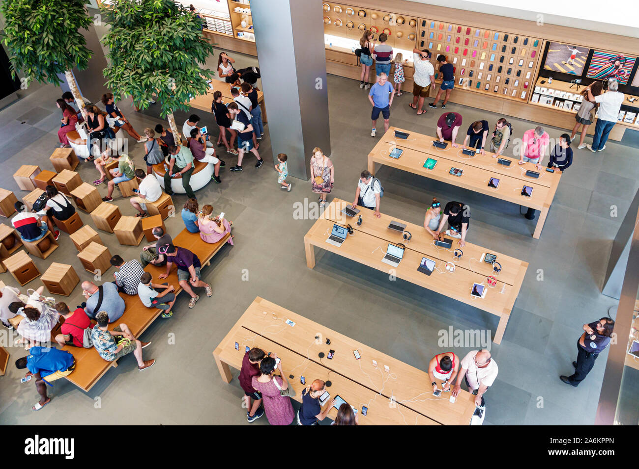 Barcelona Spain,Catalonia Plaza Placa de Catalunya,Passeig de Gracia,Apple Store,inside interior,crowded,brand consumer electronics,employees,customer Stock Photo