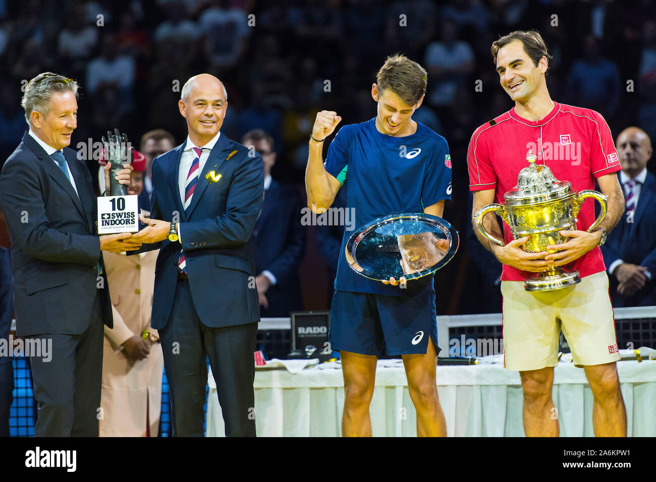 St. Jakobshalle, Basel, Switzerland. 27th Oct, 2019. ATP World Tour Tennis,  Swiss Indoors Final; Alex de Minaur (AUS) celebrates his part of history  after Roger Federer (SUI) wins his tenth Swiss Indoors