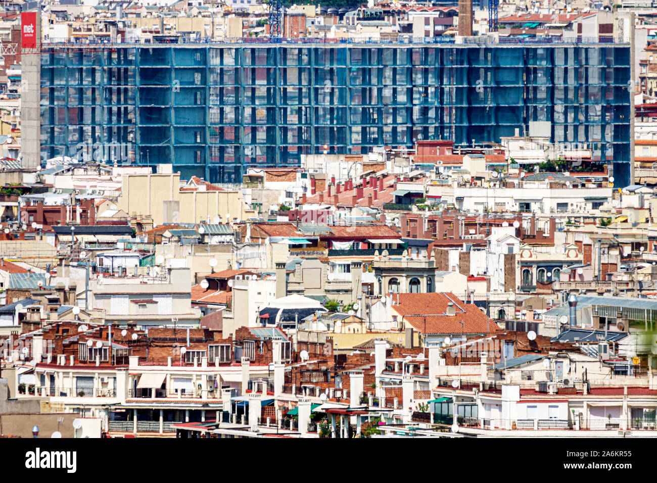 Barcelona Spain,Catalonia Parc de Montjuic,city skyline,view of Les Corts,buildings,rooftops,concept population density urban,ES190823069 Stock Photo