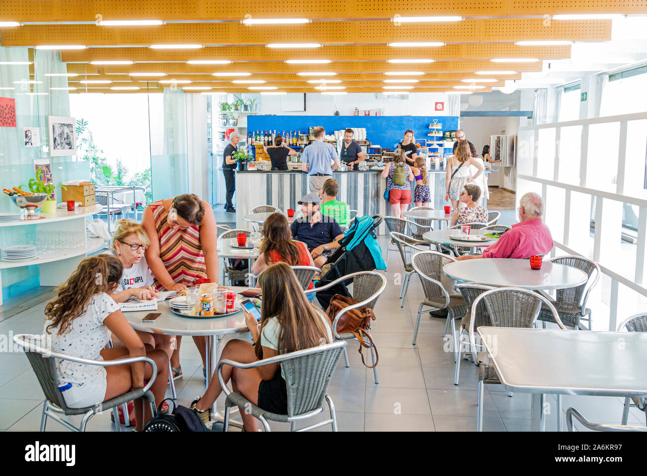 Barcelona Spain,Catalonia Parc de Montjuic,Fundacio Joan Miro Foundation,contemporary art museum,interior inside,cafe, restaurant,man,woman,girl,teen, Stock Photo