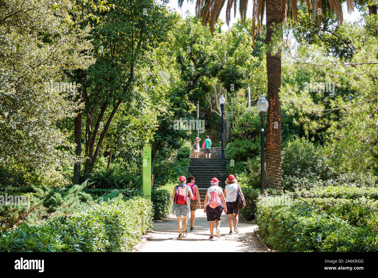 Barcelona Spain,Catalonia Parc de Montjuic,Jardins de Laribal Gardens,park,pathway,landscaping,trees,woman,strolling,ES190823111 Stock Photo