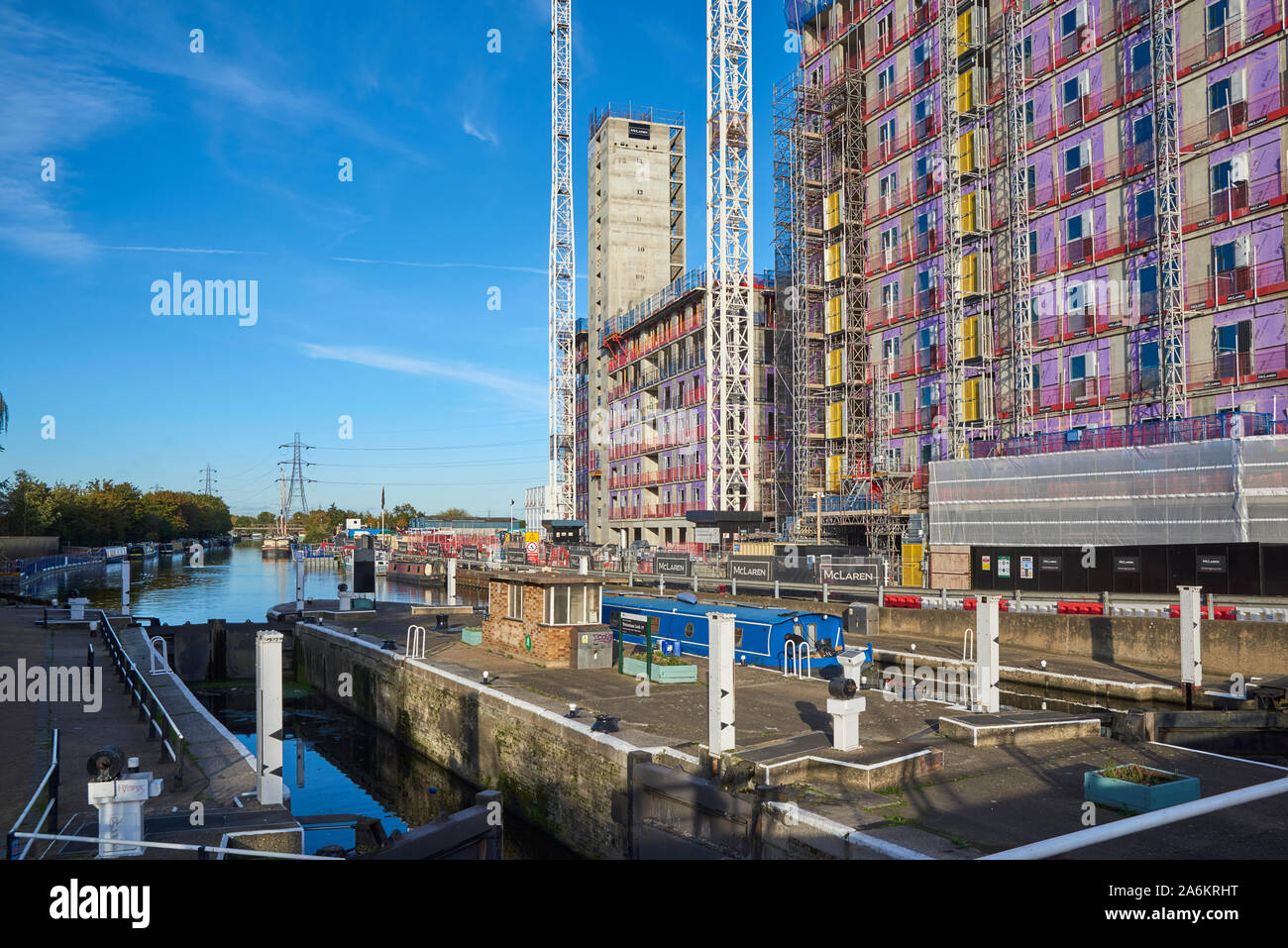 Tottenham Lock on the River Lea, North London UK, with the new Hale Wharf housing development under construction Stock Photo