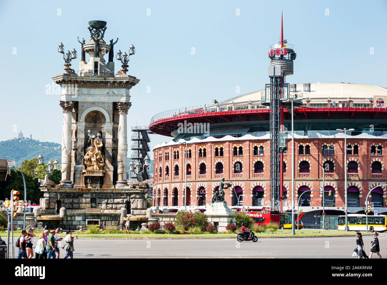 Barcelona Spain,Catalonia Sants Montjuic,Plaza de Espana Placa d'Espanya,public square,monumental fountain,by architect Josep Maria Jujol,noucentista Stock Photo