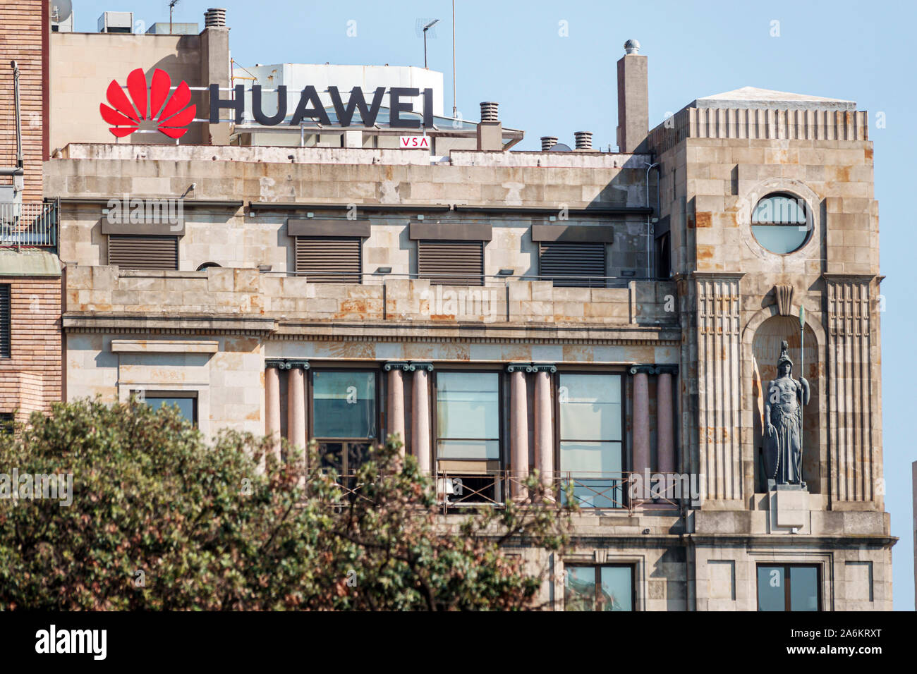 Barcelona Spain,Catalonia Plaza Placa de Catalunya,public square,commercial shopping district,Huawei,Chinese multinational technology company,patent t Stock Photo