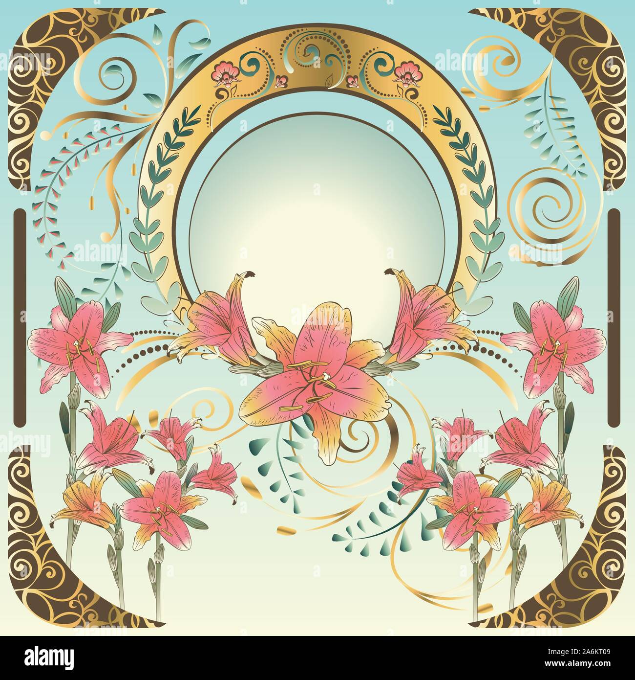 Ornamental floral frame with lily flowers in art nouveau style design