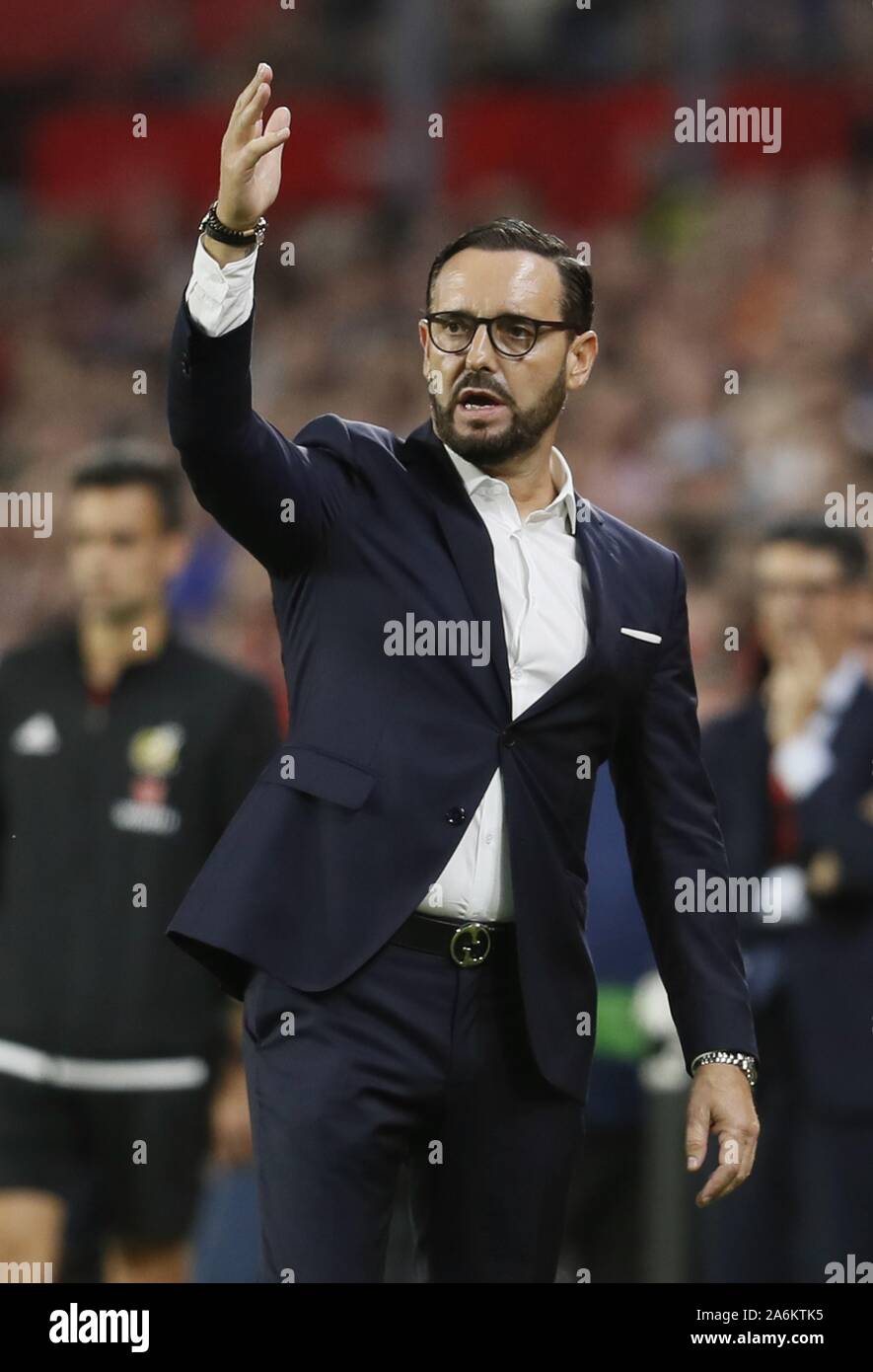 Getafe's head coach Jose Bordalas reacts during a Spanish LaLiga soccer  match between Sevilla and Getafe
