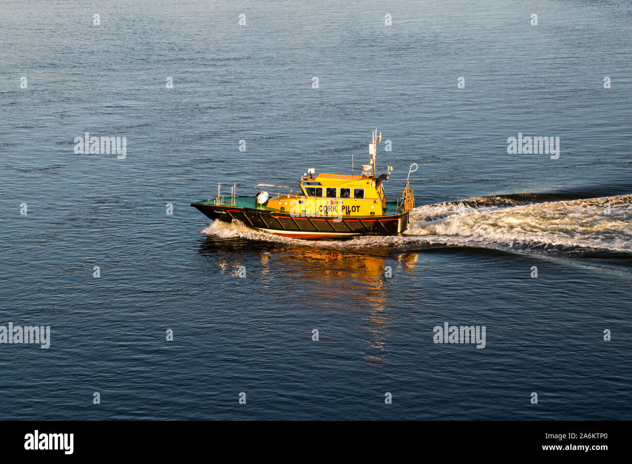 The pilot boat "Cork Pilot" ploughs through the water off Cobh, County Cork, Ireland, at full speed – it accompanies ships such as the Pont Aven of Brittany Ferries as they enter the port of Cork. Stock Photo