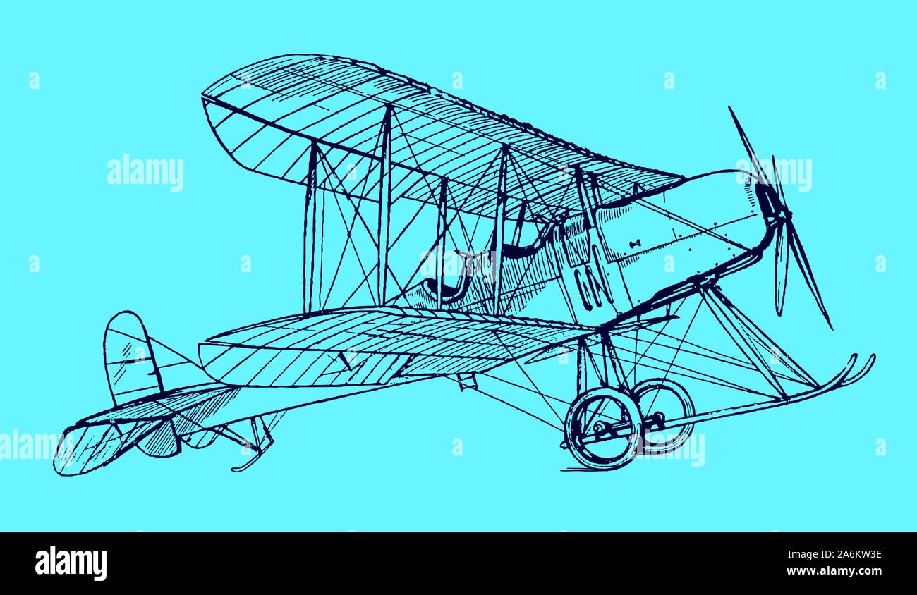 Historical british single-engine tractor two-seat biplane in side view on a blue background. Editable in layers Stock Vector