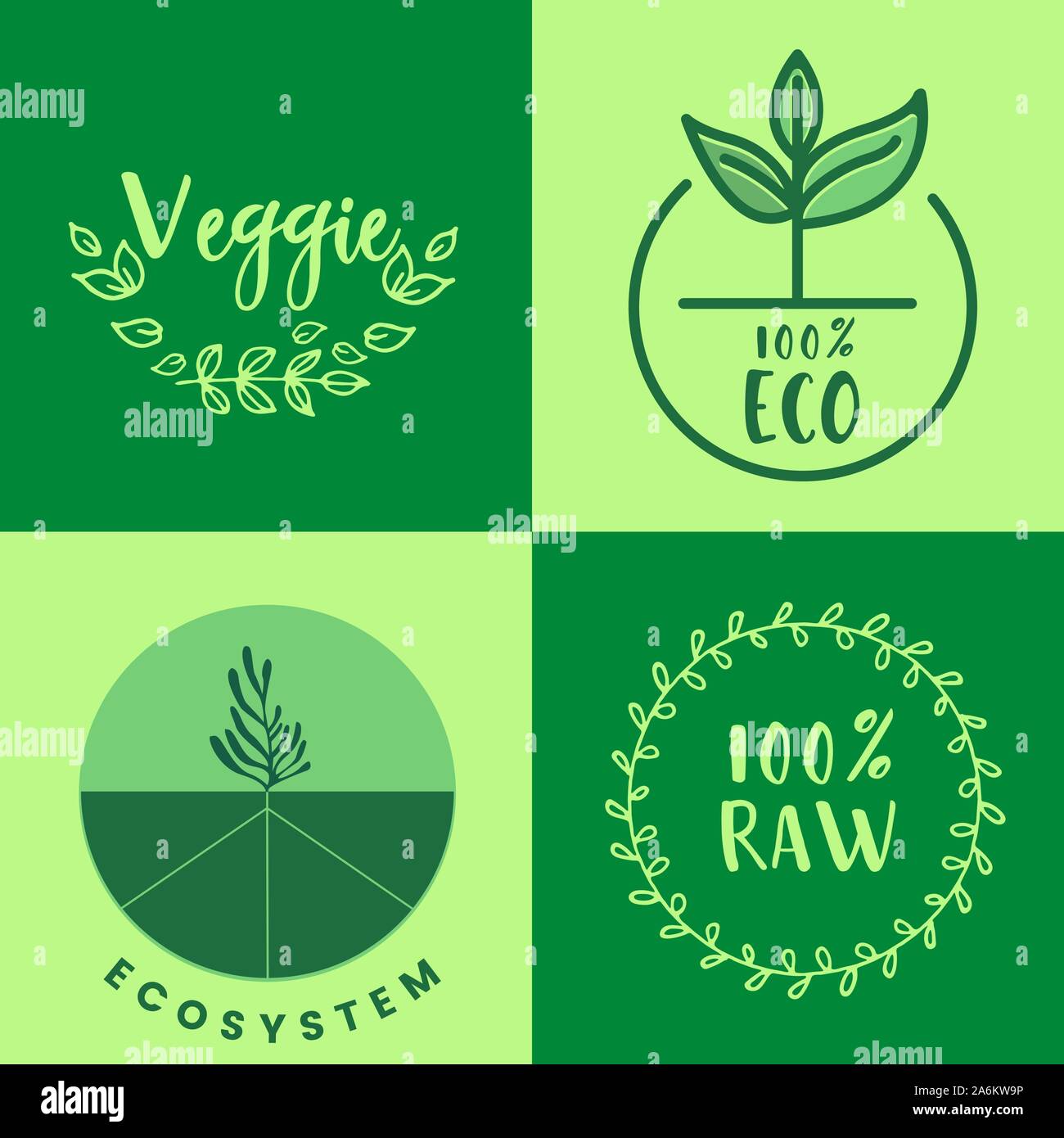Raw product and eco oriented badges set. Stock Vector