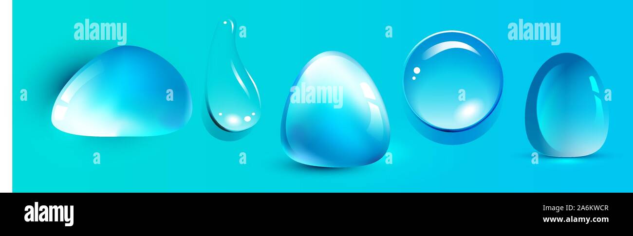 Transparent water drops isolated on blue background.  Stock Vector
