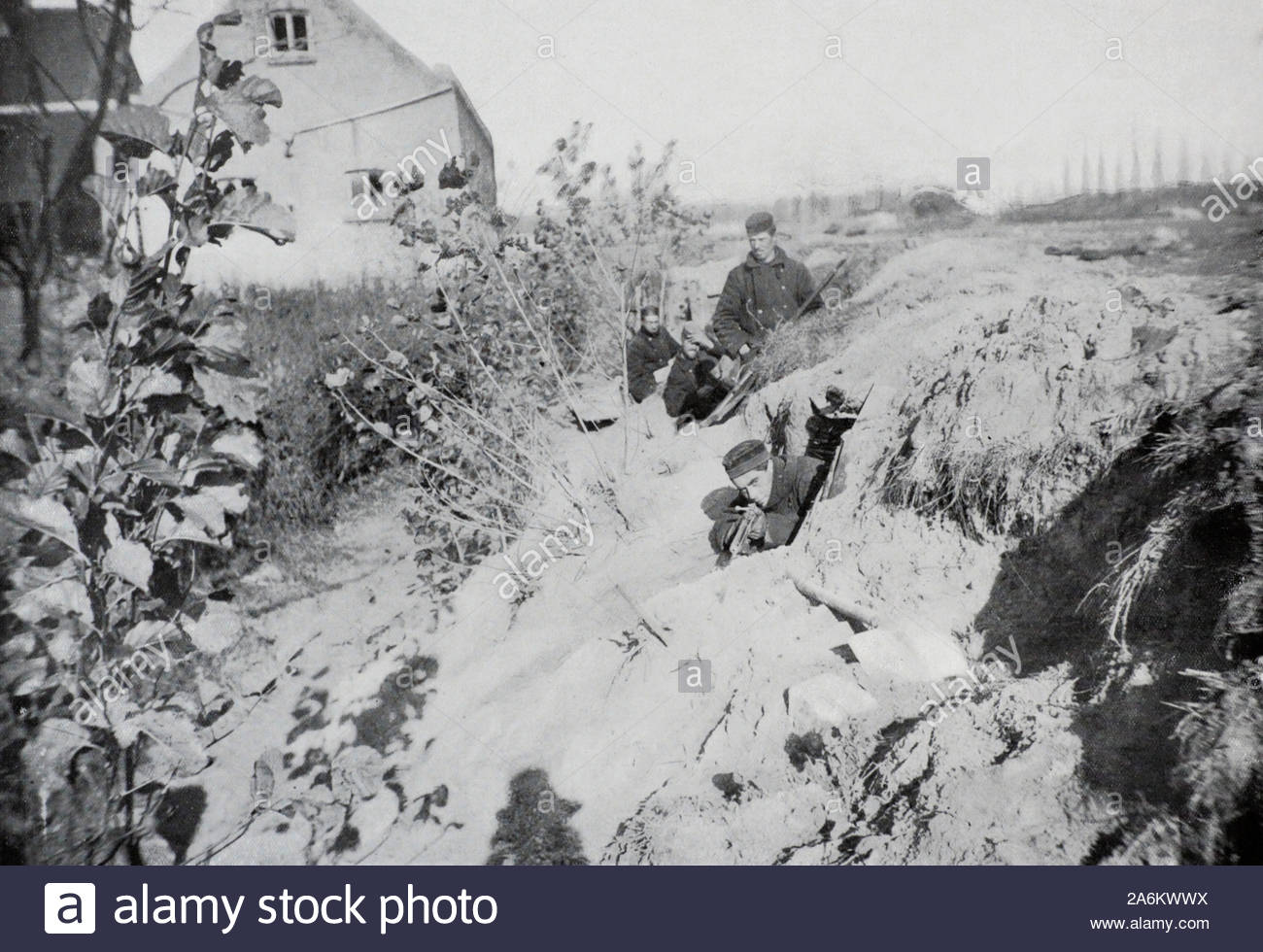 WW1 Belgian soldiers in their sand burrows, vintage photograph from 1914 Stock Photo