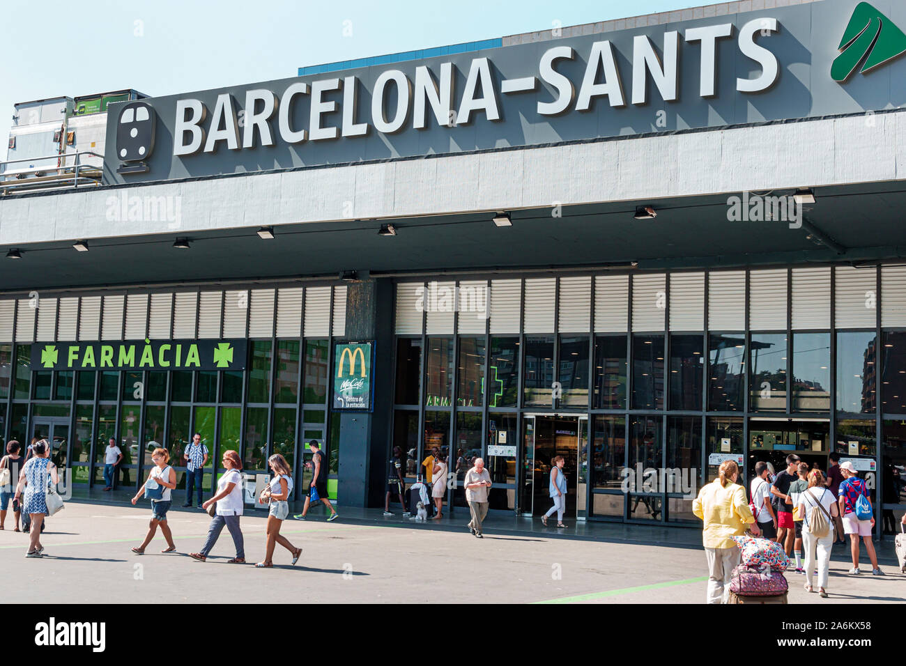 Barcelona Spain,Catalonia Barcelona-Sants Renfe Train Station,exterior,passengers commuters,front entrance,ES190825007 Stock Photo
