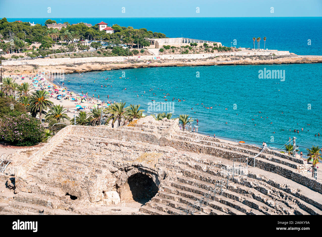 Tarragona Spain Hispanic Catalonia Mediterranean Sea,balcony,viewpoint,scenic lookout,Platja del Miracle,beach sunbathers,Amfiteatre Roman amphitheate Stock Photo