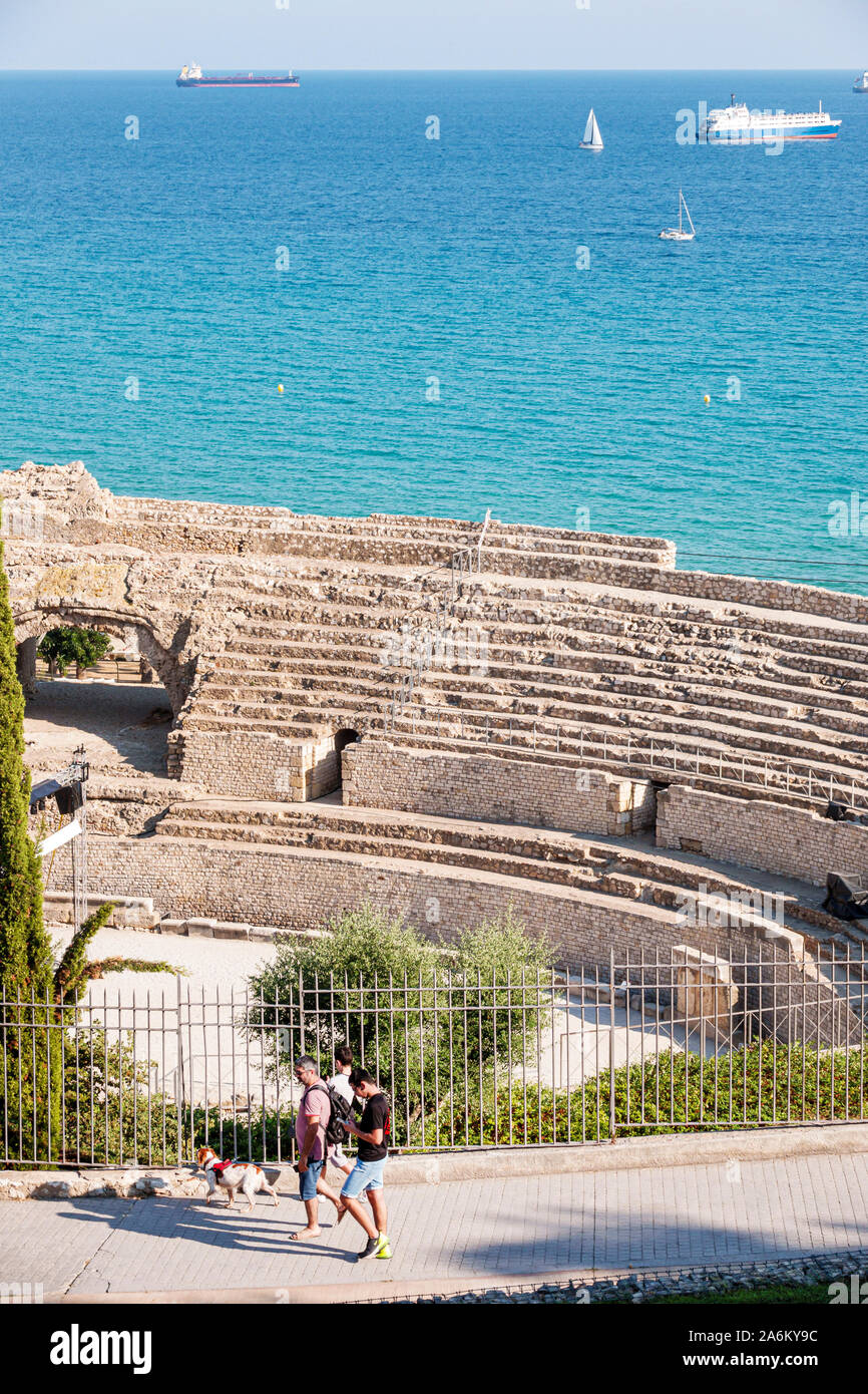 Tarragona Spain Hispanic Catalonia Mediterranean Sea,balcony,viewpoint,scenic lookout,Amfiteatre Roman amphitheater Ruins,ES190825133 Stock Photo