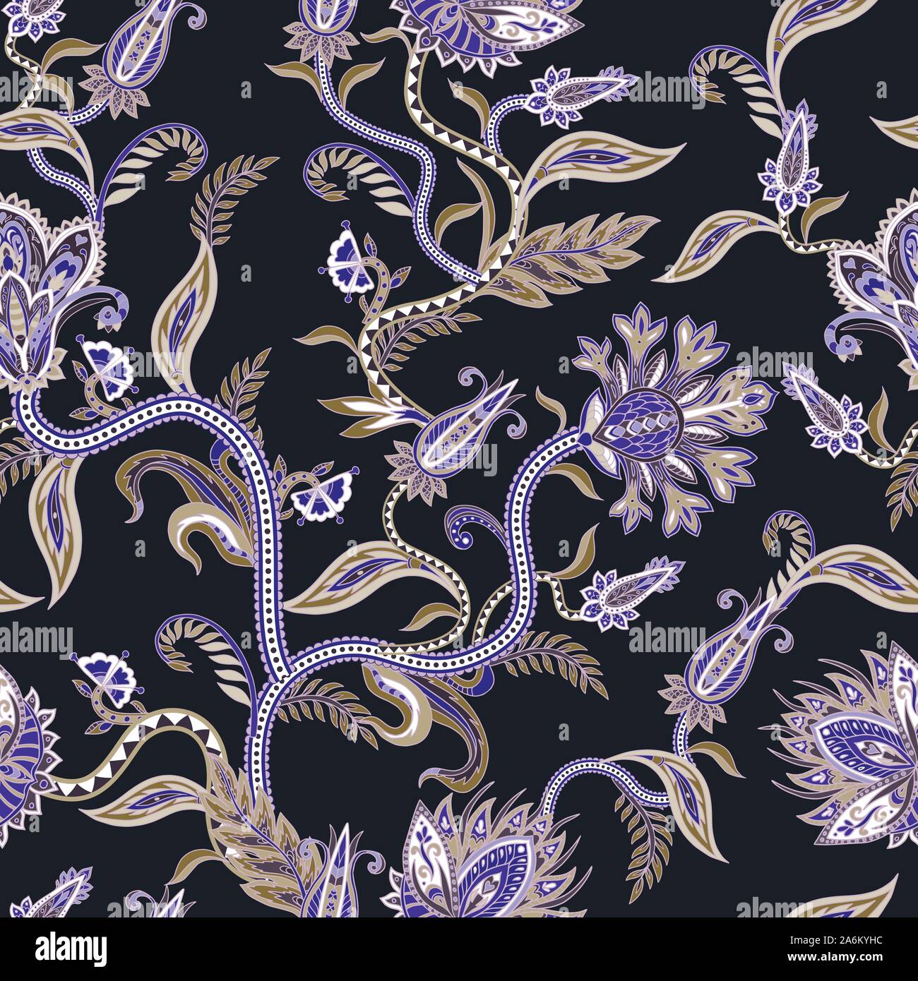 Seamless pattern with ethnic ornament elements and paisleys. Folk flowers and leaves for print or embroidery. Stock Vector