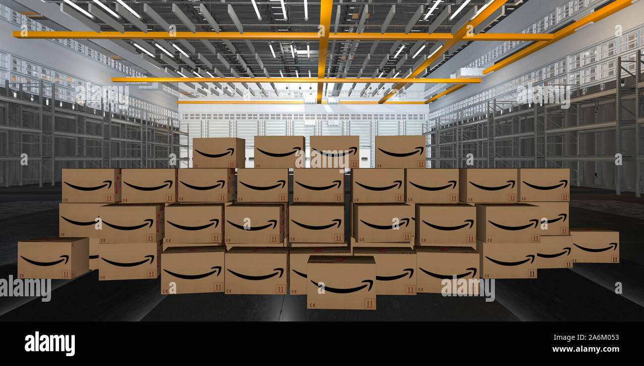 cardboard packages with the Amazon sign in the Logistics center Stock