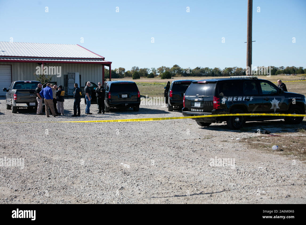Greenville, Texas, USA. 27th Oct, 2019. Security cordon is set up around the scene of a shooting incident in Greenville, Texas, the United States, on Oct. 27, 2019. Two people were killed and about 12 others injured in a shooting overnight at an off-campus party near Texas A&M University-Commerce, near Greenville City, Texas. (Photo by Dan Tian/Xinhua) Credit: Xinhua/Alamy Live News Stock Photo