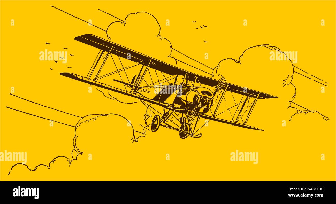 Historical biplane flying out of the clouds on a yellow-orange background. Editable in layers Stock Vector