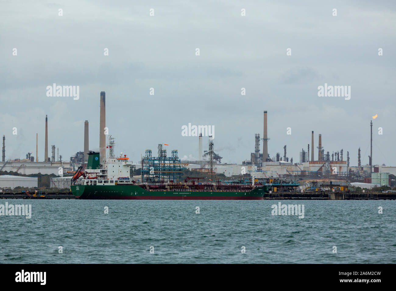 Super tanker Mary A birthed alongside the oil refinery at Fawley on Southampton water. Stock Photo