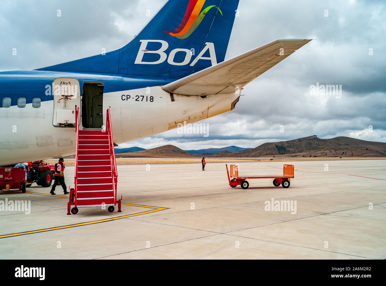 El Alto, La Paz / Bolivia; November 22 2016: Landing of a Boa Airplane in Airport with Staff Working Around Stock Photo