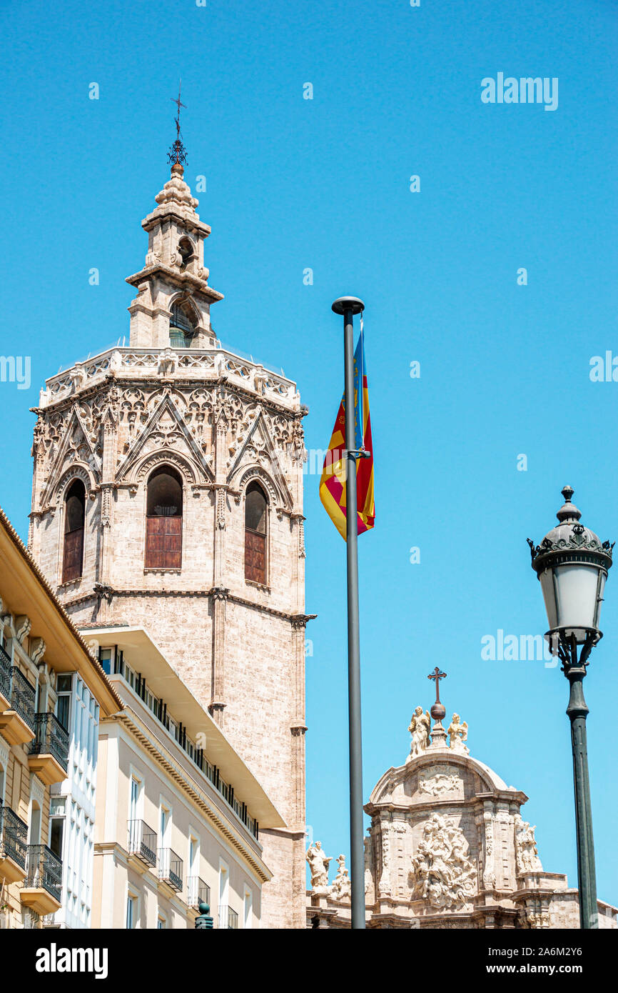 Valencia Spain Hispanic,Ciutat Vella,old city,historic center,Plaza Placa de la Reina,main square,Torre del Micalet,Miguelete,Gothic-style octagonal b Stock Photo