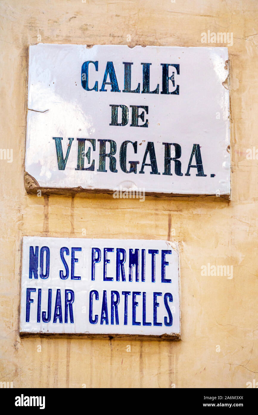 Valencia Spain Hispanic,Ciutat Vella,old city,historic center,street sign,Calle de Vergara,No posting,ES190828189 Stock Photo